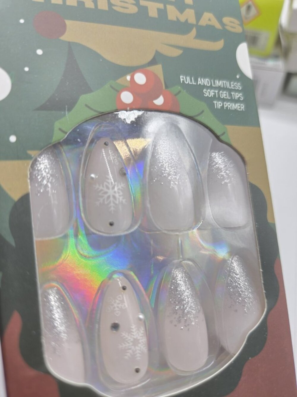 Christmas Holiday DIY Press-On Nails 24 Pcs Snowflakes White Glitter Faux Jewels